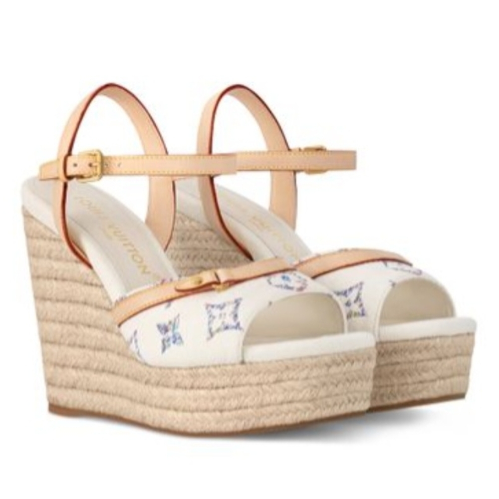 Louis Vuitton Cream and Tan Wedge Sandals
